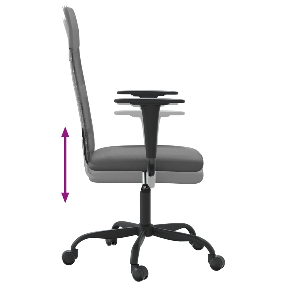 Seitenansicht eines Bürostuhls. Er hat eine graue Netzrückenlehne, verstellbare Armlehnen, einen grauen Sitz und ein schwarzes Untergestell mit Rollen.