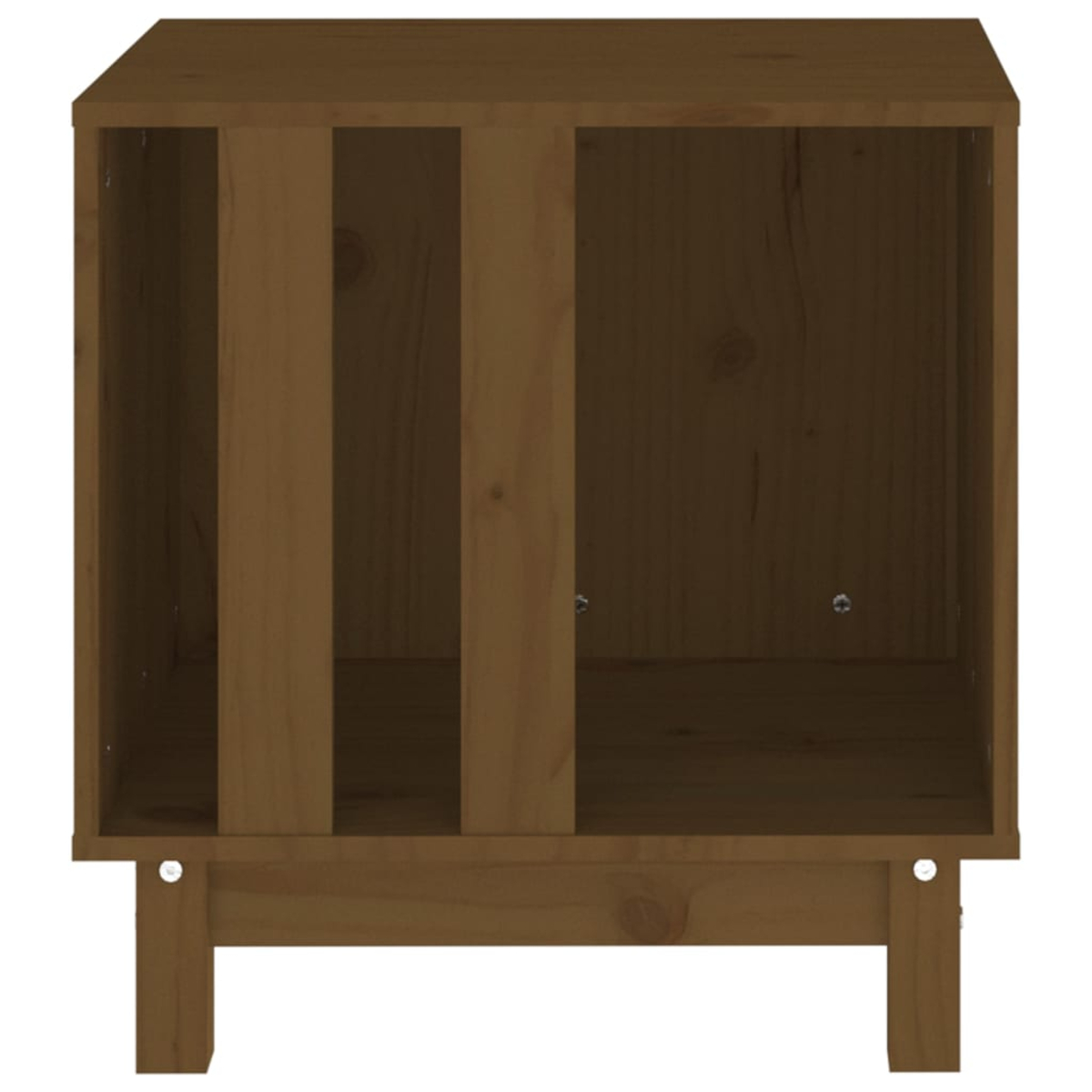 Ein brauner Holzschrank mit offenem Fach und vertikalen Trennwänden. Er hat Beine und einen Sockel, alles im gleichen Holzton.