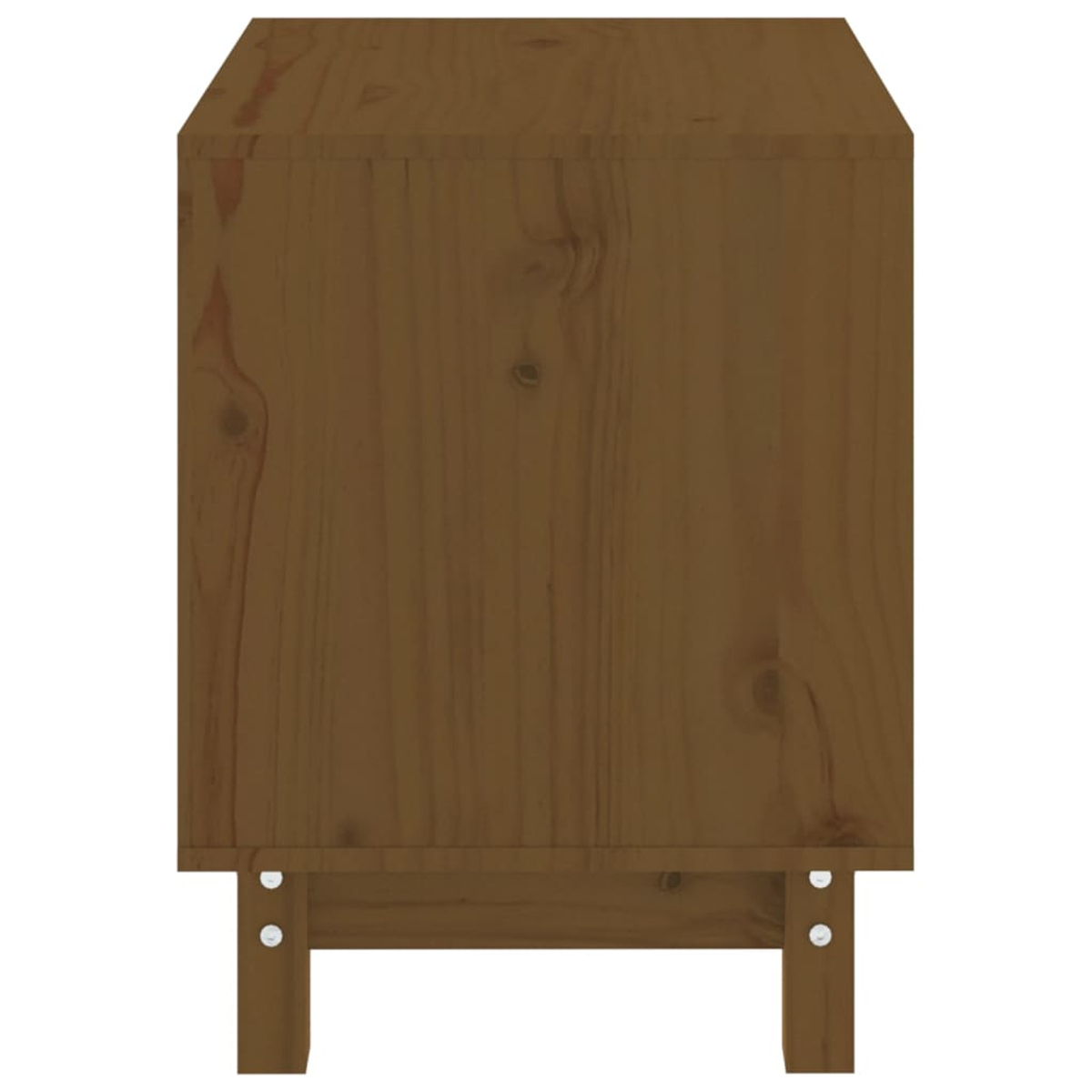 Ein brauner Holzschrank auf weißem Hintergrund. Er hat eine rechteckige Form und zwei Beine, die ihn stützen.