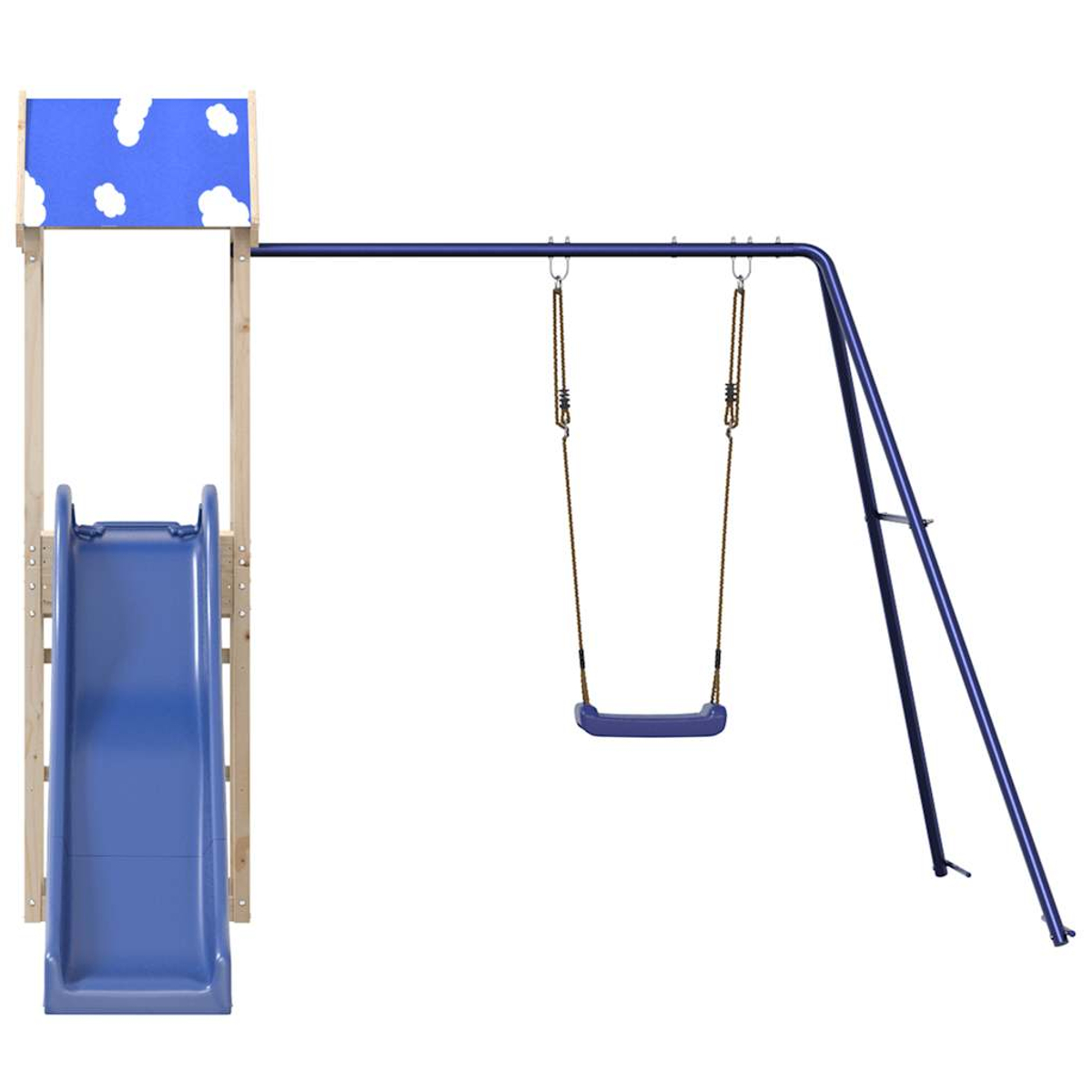 Ein blaues und hölzernes Schaukelgerüst. Es hat eine Rutsche, eine Schaukel und ein Vordach mit Wolken.