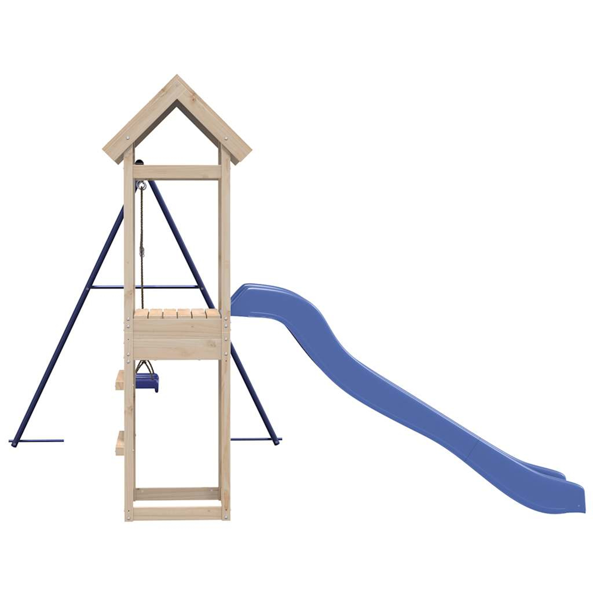 Ein Holzspielplatz mit blauer Rutsche, Schaukel und Klettergerüst. Der Hintergrund ist weiß.