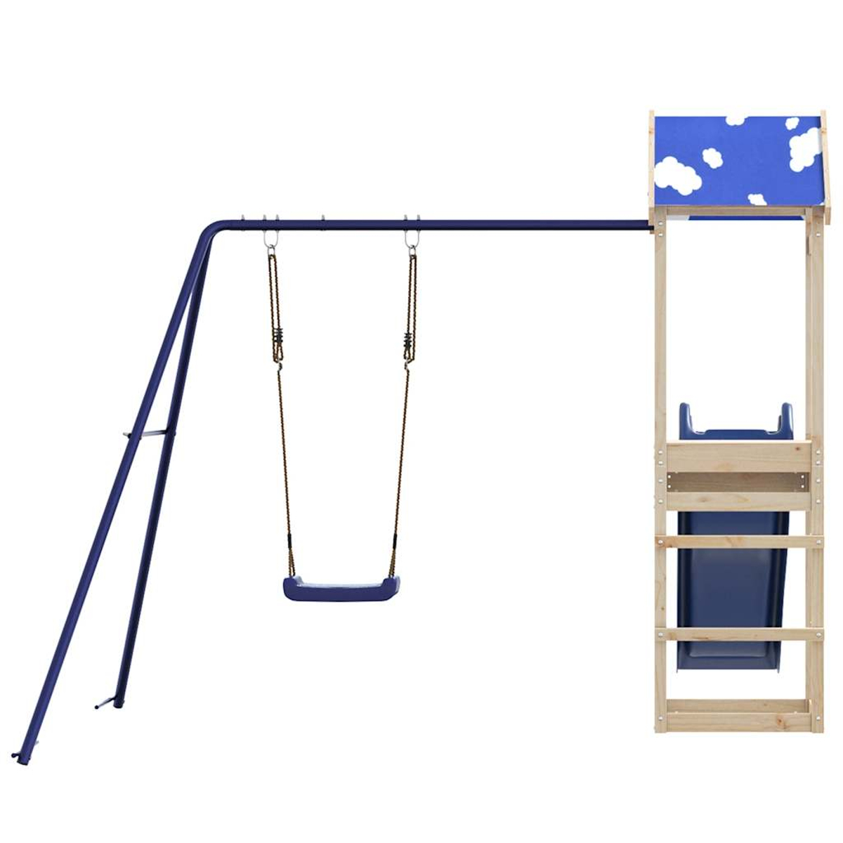 Ein blaues und hölzernes Spielset mit Schaukel, Rutsche und einem Dach mit Wolkenmuster vor weißem Hintergrund.