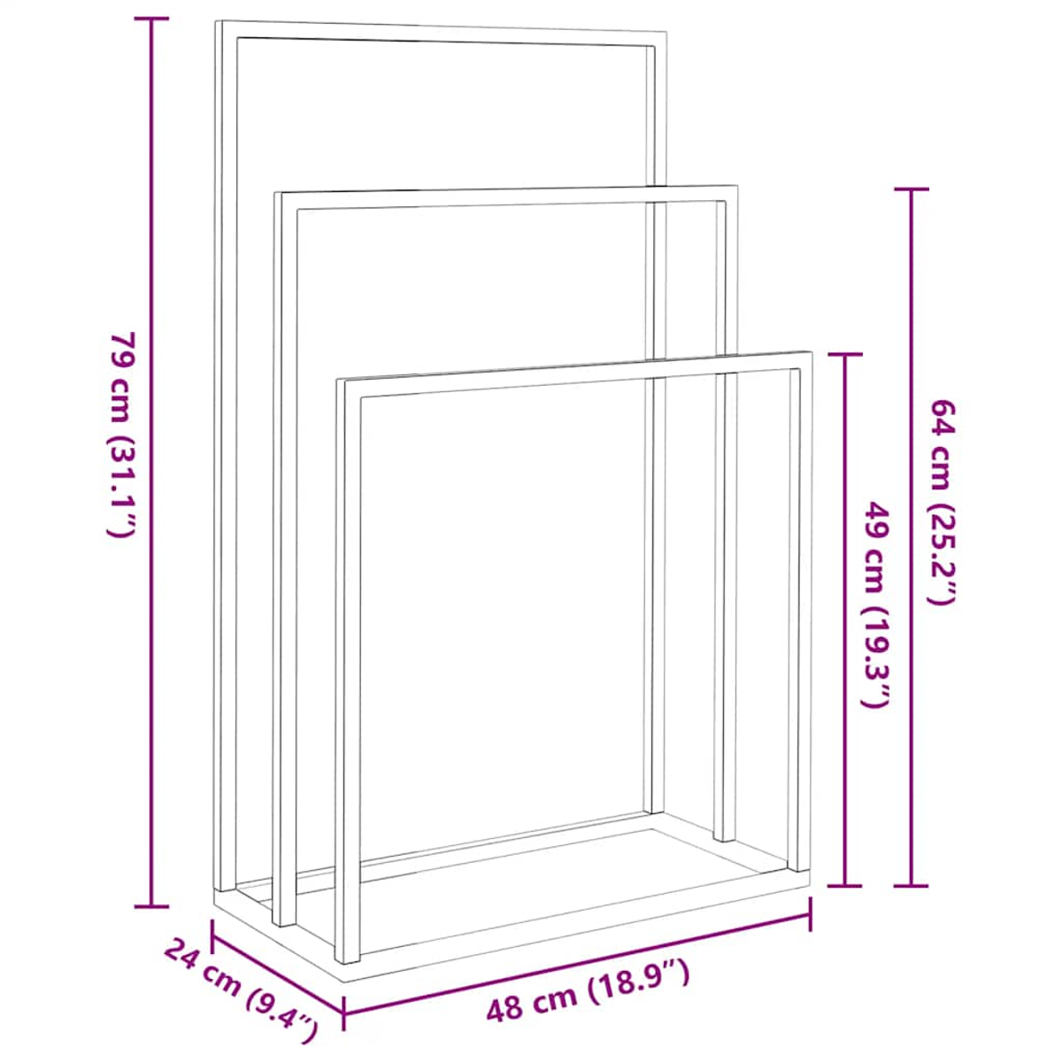 Ein Metall-Handtuchhalter mit drei Ebenen. Maße sind beschriftet: 79 cm, 64 cm, 49 cm, 24 cm und 48 cm. Es ist ein Diagramm.