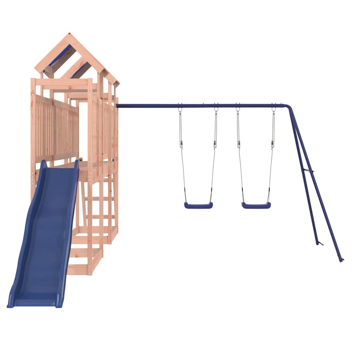 Spielplatz mit Rutsche und Schaukeln. Die Rutsche ist blau. Schaukeln und Rahmen sind dunkelblau. Hintergrund ist weiß.