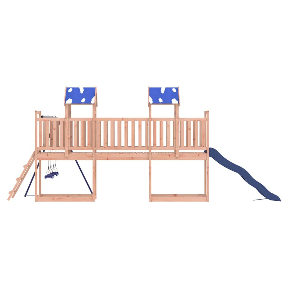 Holzspielplatz mit blauen Akzenten: Rutsche, Schaukeln und zwei überdachte Plattformen mit blau-weißem Muster.