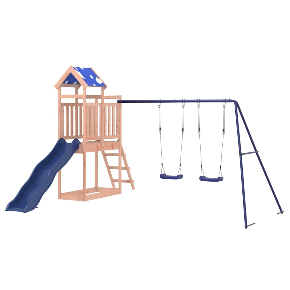 Ein Holzspielplatz mit blauer Rutsche, Dach und Schaukeln. Der Spielplatz hat eine Leiter, und die Schaukeln hängen.