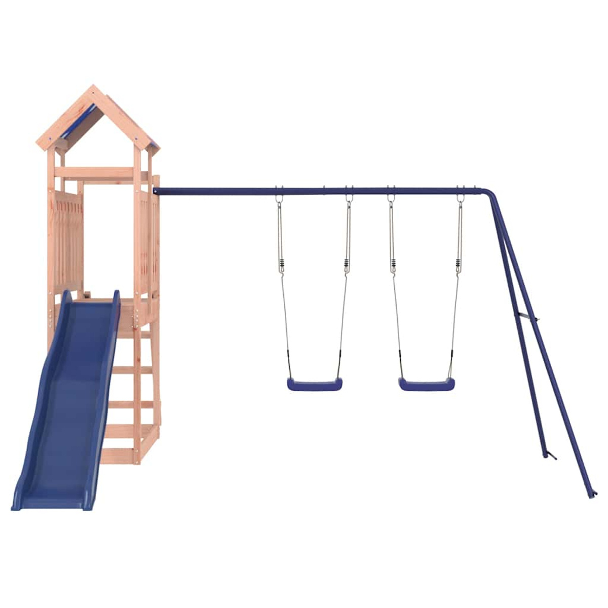 Ein Holzspielplatz mit einer blauen Rutsche, einer Schaukel mit zwei Schaukeln, alles vor weißem Hintergrund.