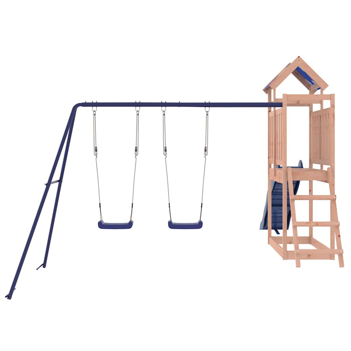 Ein hölzernes Spielset mit Schaukel und Rutsche. Das Schaukelgestell ist blau. Das Spielset hat eine Leiter und ein Dach.