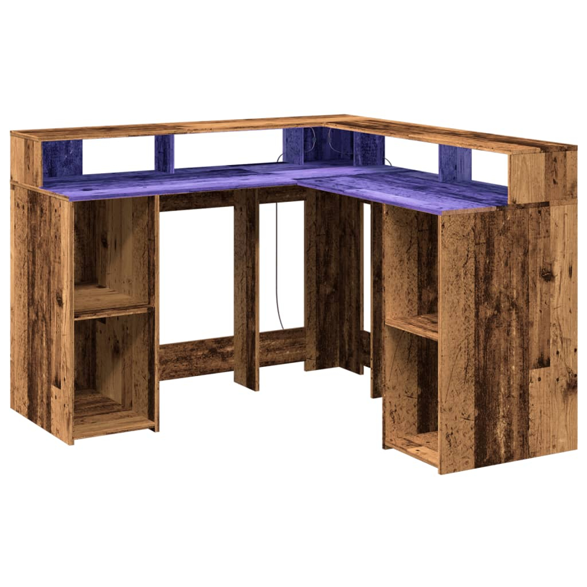 Ein rustikaler L-förmiger Holzschreibtisch mit Regalen und einer lila beleuchteten Oberfläche aus Brettern.