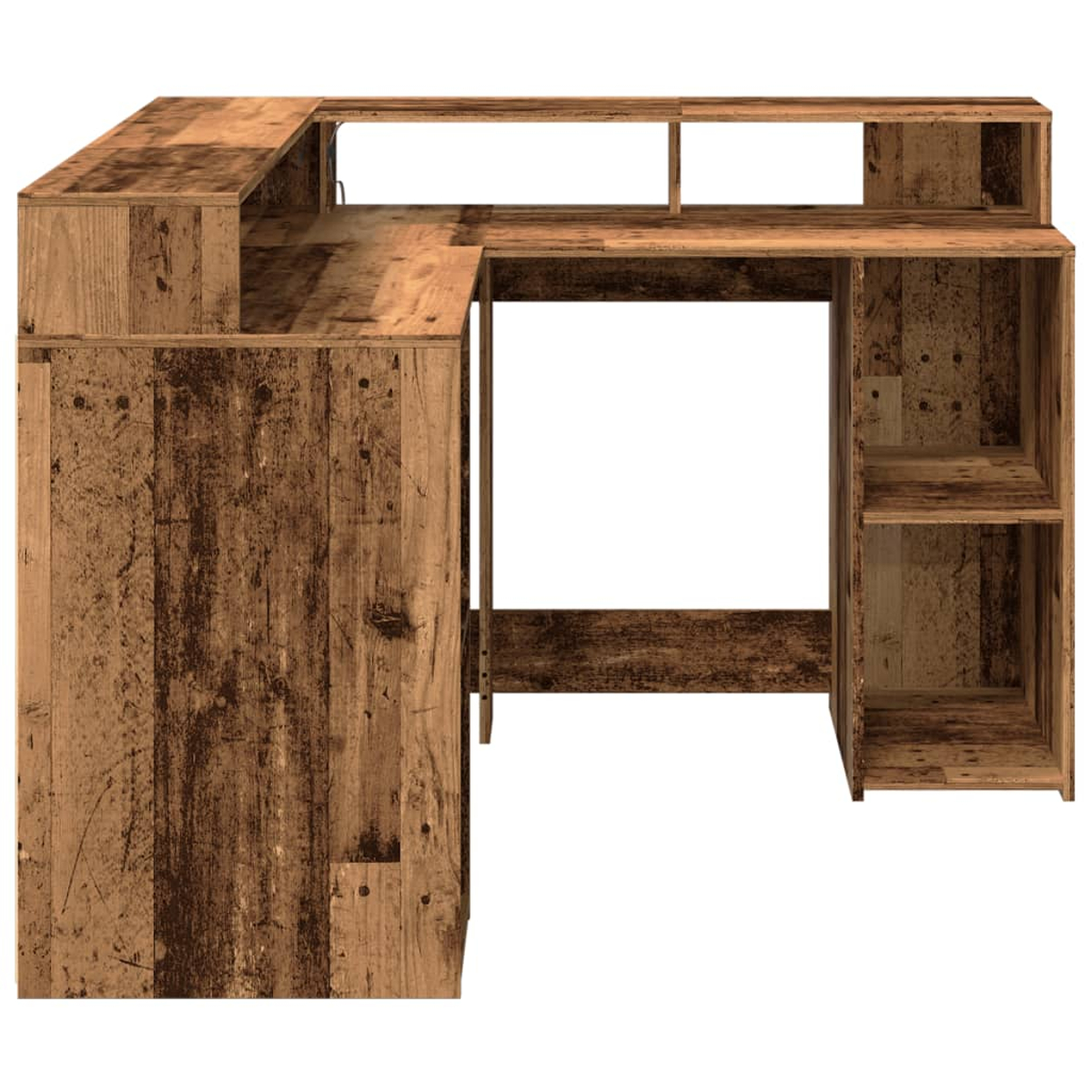 Ein hölzerner L-förmiger Schreibtisch. Er hat eine Hauptfläche, ein erhöhtes Regal und eine Seite mit Regalen. Das Holz hat eine braune, strukturierte Oberfläche.