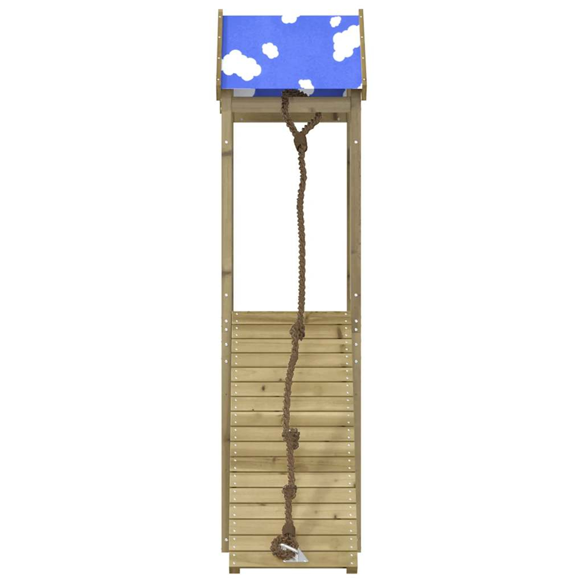 Eine Holzspielstruktur mit blauem Dach mit weißen Wolken, einer Strickleiter und einem Holzsockel.