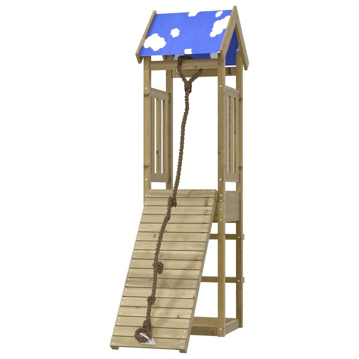 Ein Holzspielplatz mit blauem Dach, weißen Wolken, einer Strickleiter und einer Holzrampe.