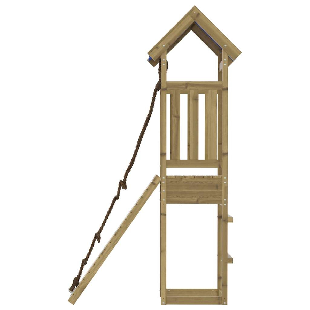 Ein Holzspielgerüst mit Leiter und Seil. Es hat ein Dach, ein Kletterseil und eine Holzleiter für den Zugang.