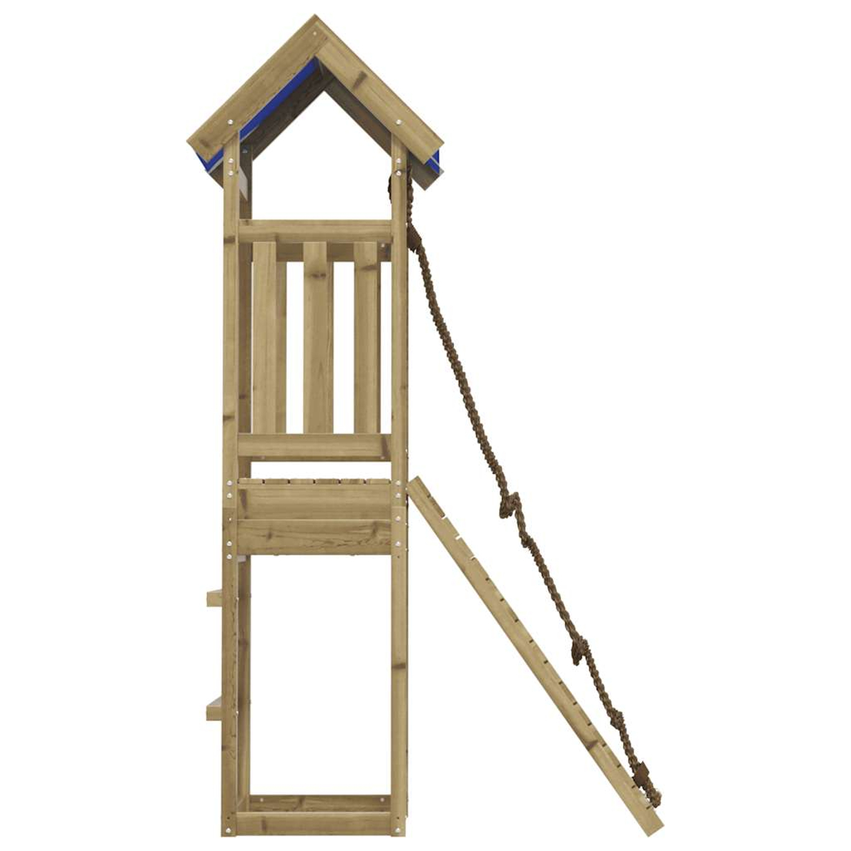 Spielturm aus Holz mit Turm, Leiter, Seil und schräger Holzrampe. Blauer Dachakzent. Auf weißem Hintergrund isoliert.