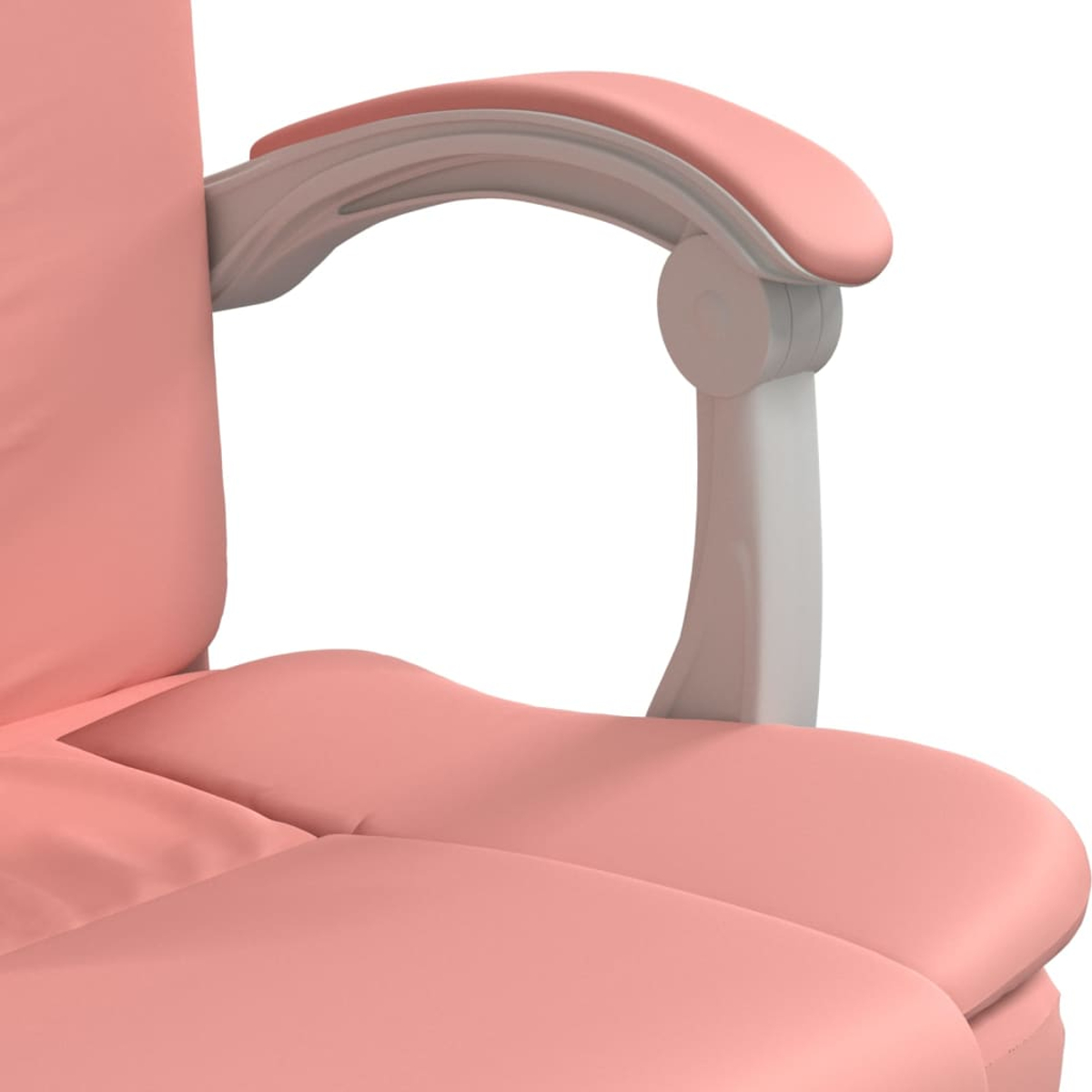 Nahaufnahme einer rosa Bürostuhllehne. Die Armlehne ist rosa, mit einer weißen Stützstruktur. Der Hintergrund ist weiß.