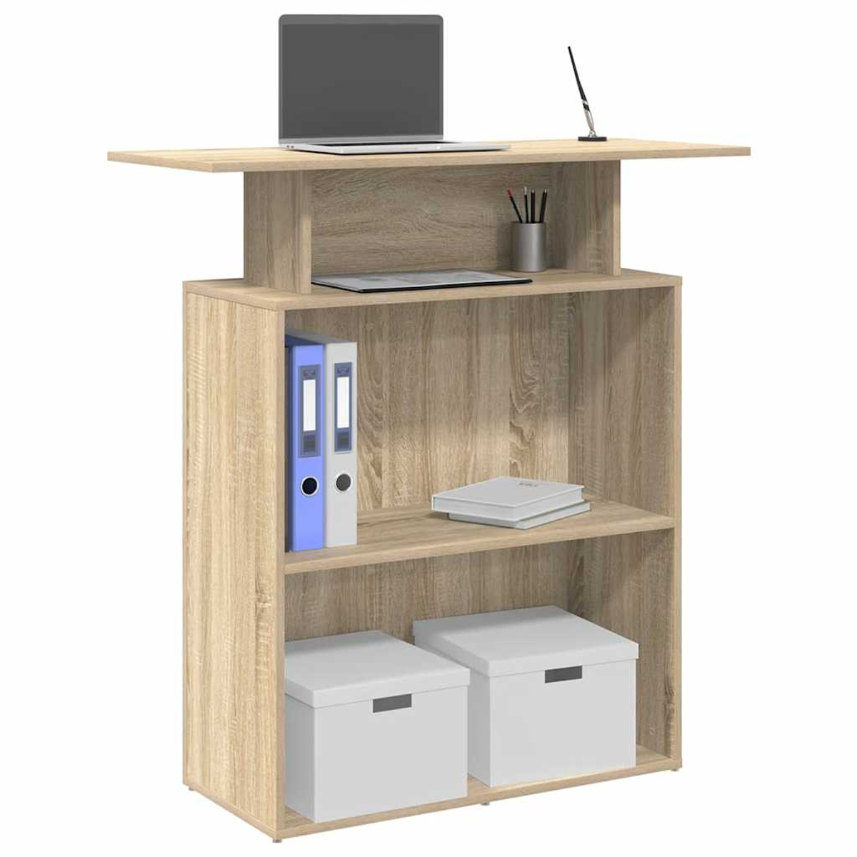 Holzschreibtisch mit Laptop, Stift und Schreibwaren. Regale mit Ordnern, Büchern und Aufbewahrungsboxen. Hintergrund ist eine neutrale Wand.