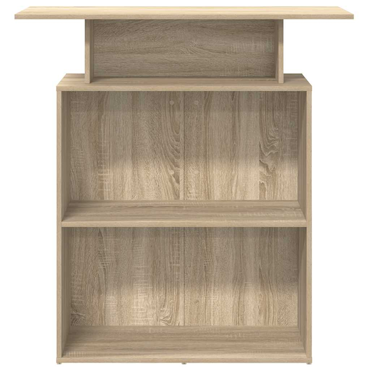 Holz-Bücherregal mit zwei Regalen und einem kleinen oberen Regal. Das Holz hat eine hellbraune, natürliche Maserung.