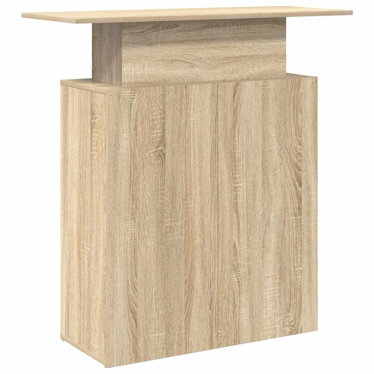 Ein hellbrauner Bar-Schrank aus Holz mit rechteckiger Oberseite, einem Mittelblock und einer Basis. Die Holzmaserung ist sichtbar.