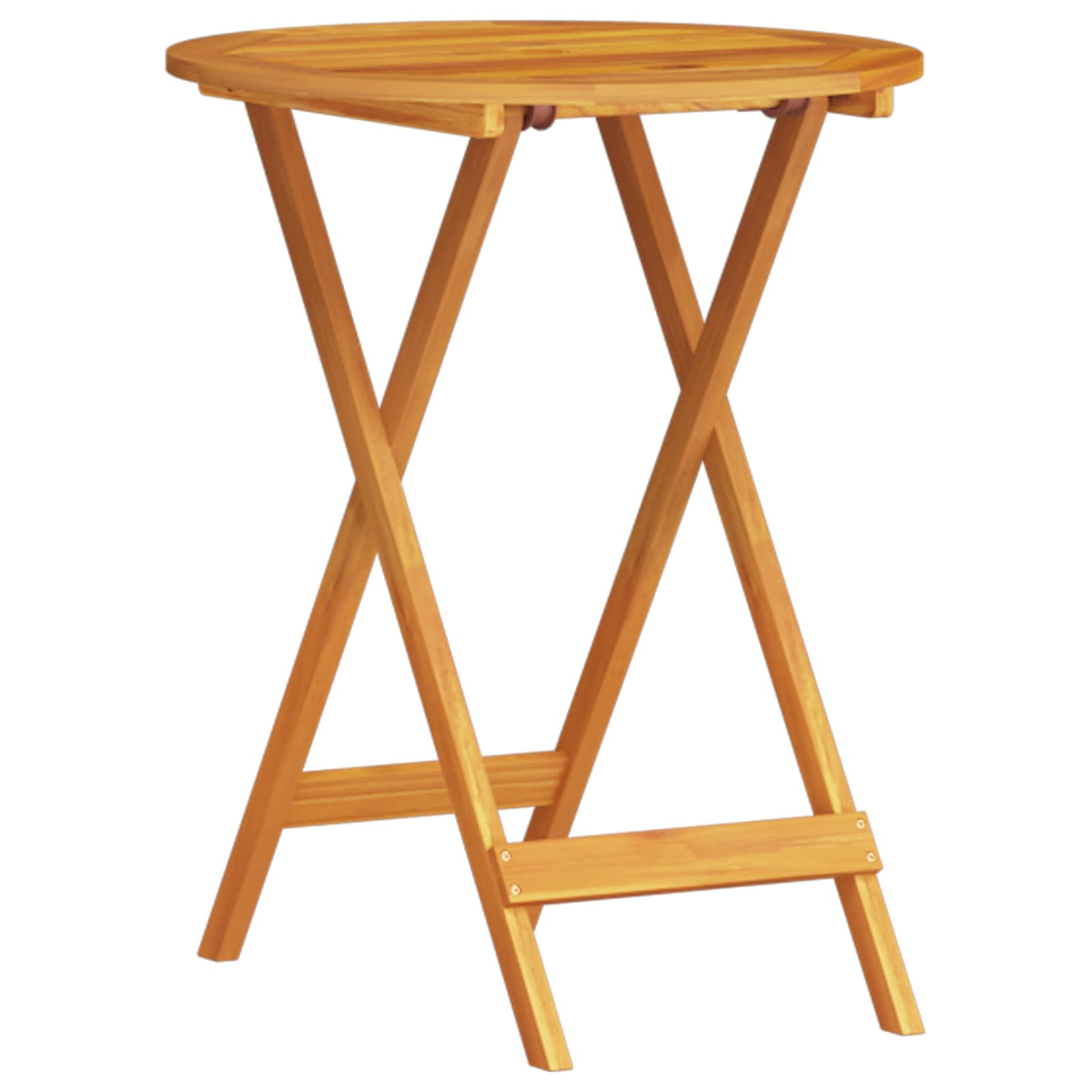 Una mesa plegable de madera con una tapa redonda y patas cruzadas. La madera es marrón claro y el fondo es blanco.