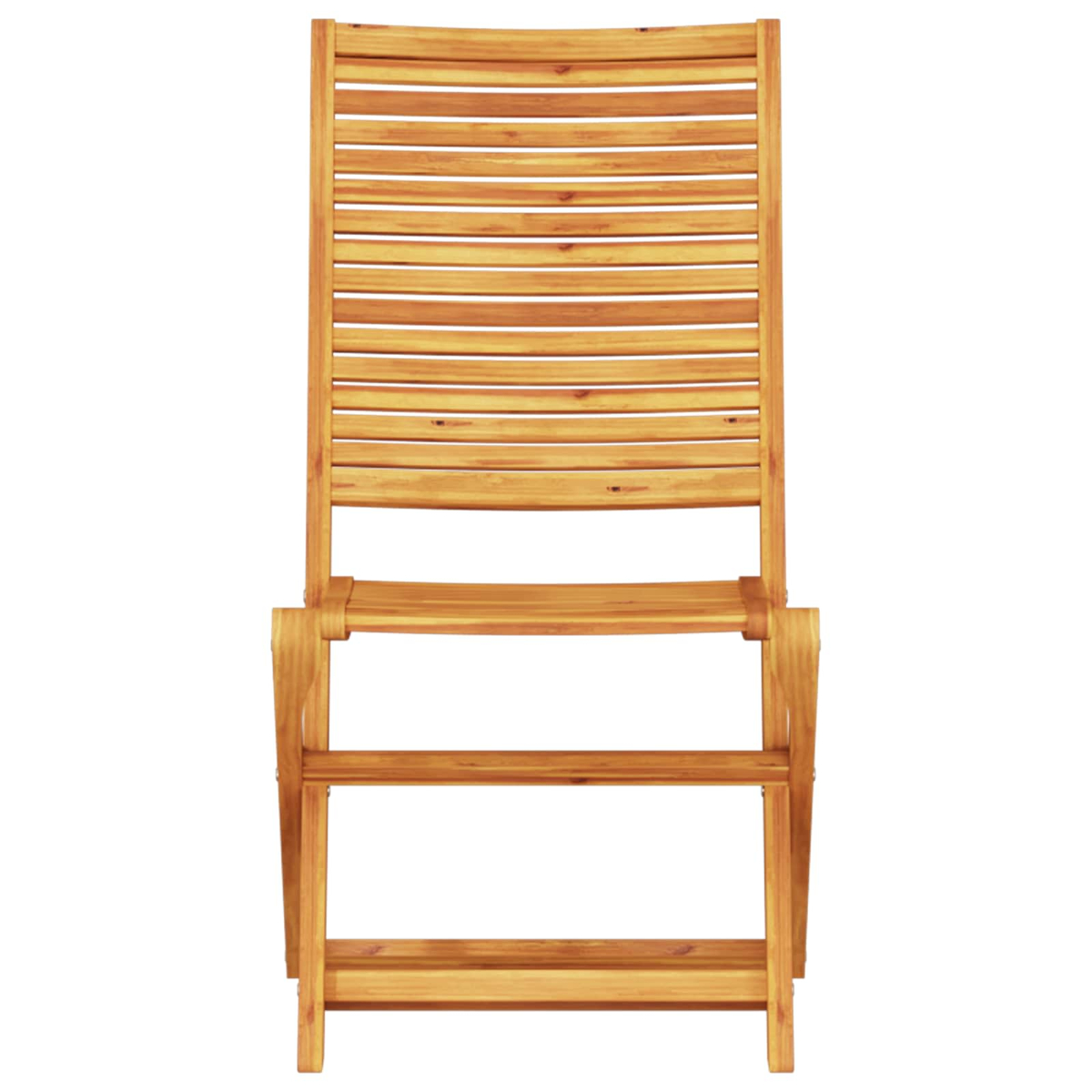 Se muestra una silla plegable de madera. Tiene respaldo y asiento de listones, y un marco simple. Está hecha de madera marrón claro.