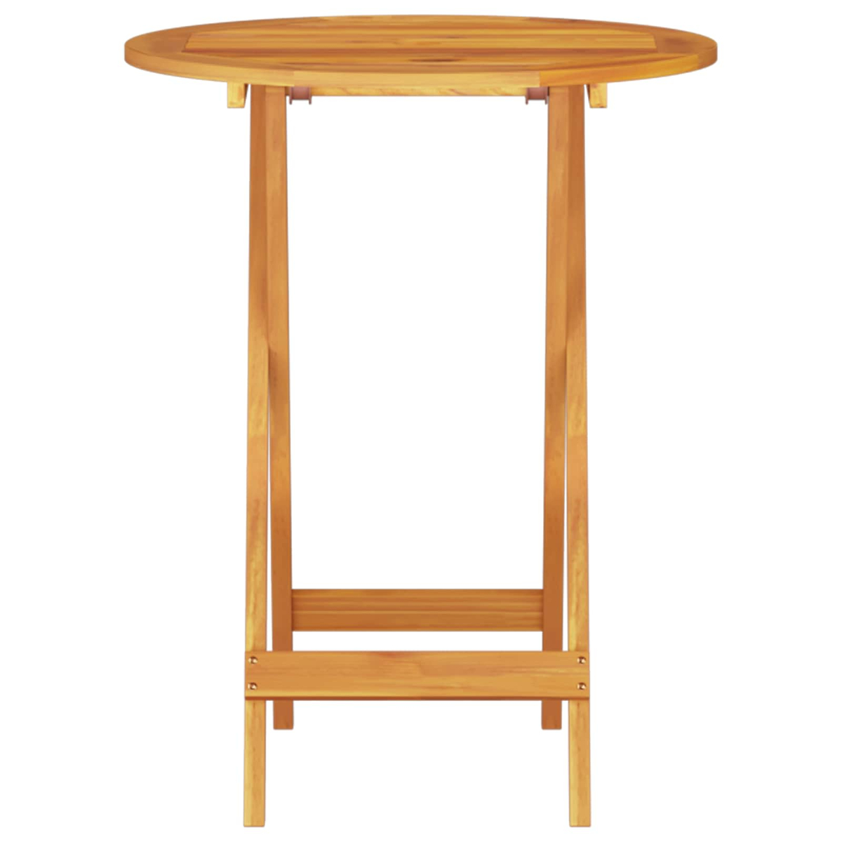 Una mesa redonda de madera marrón claro con cuatro patas rectas. La mesa está vacía y sobre fondo blanco.