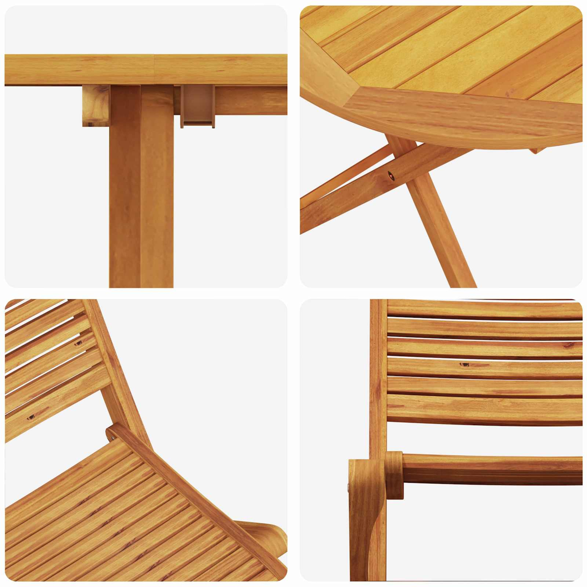 Primeros planos de componentes de mesa y silla de madera. Detalles de la mesa, patas y respaldo de la silla son visibles sobre fondo blanco.