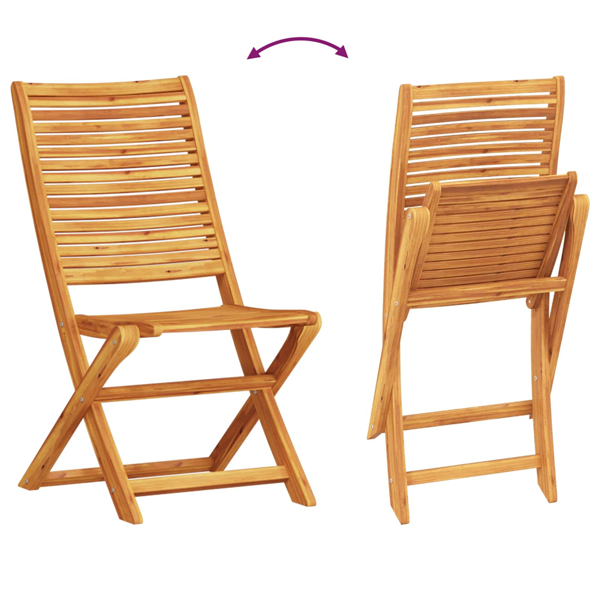 Dos sillas plegables de madera. Una está abierta, la otra parcialmente plegada. Ambas sillas son de color marrón claro y están sobre fondo blanco.