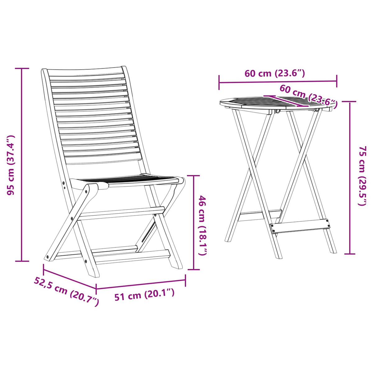 Una silla y una mesa pequeña, ambas de madera, con dimensiones en centímetros y pulgadas.