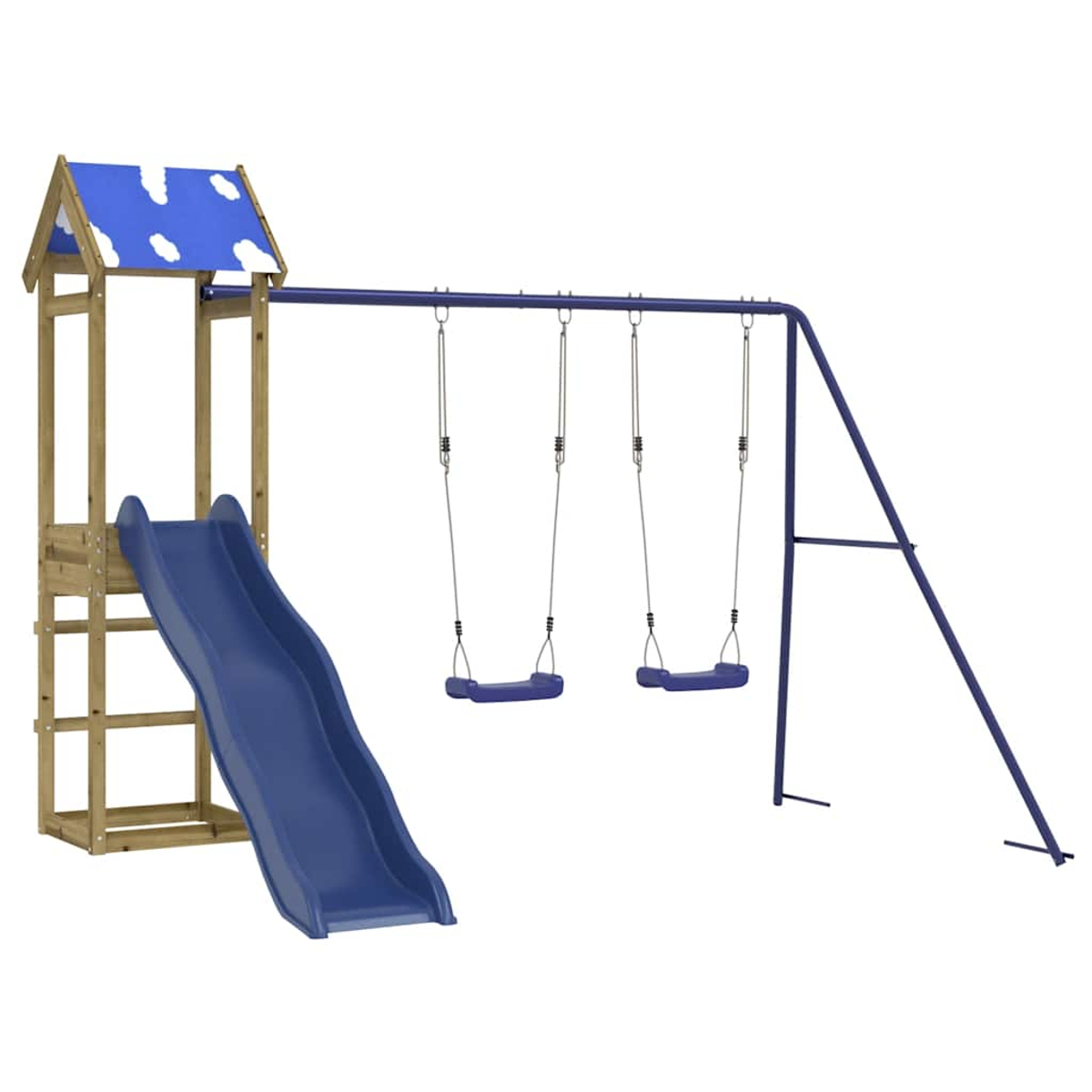 Ein Kinderspielplatz mit Rutsche, Schaukeln und Holzkonstruktion. Rutsche und Schaukeln sind blau.
