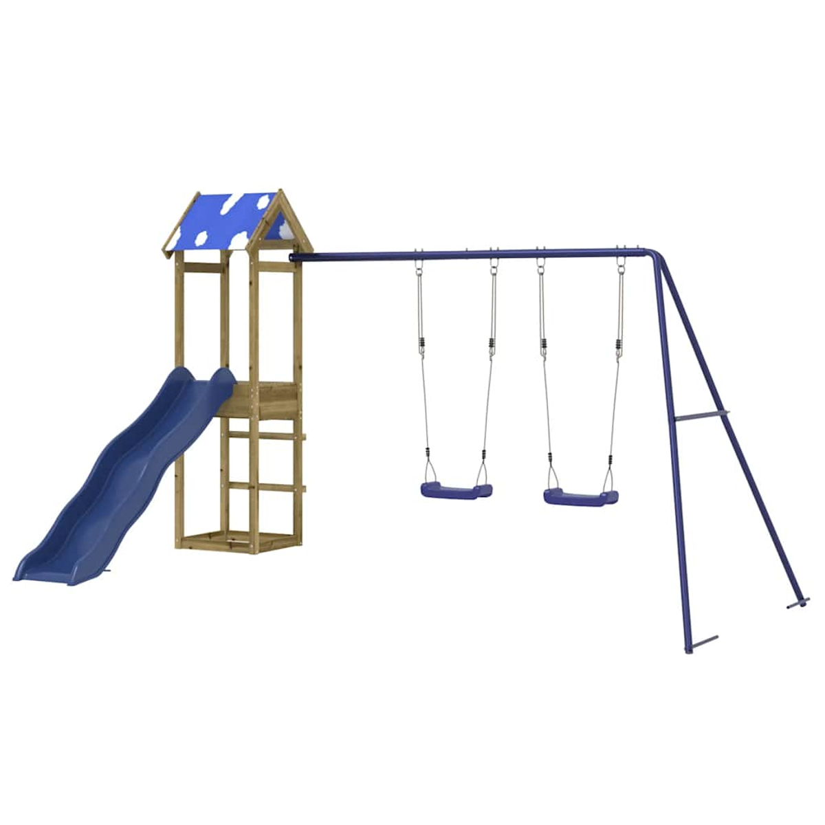 Ein Spielplatz mit Rutsche, Klettergerüst und Schaukeln. Die Rutsche und Schaukeln sind blau. Der Rahmen ist braun. Der Hintergrund ist weiß.