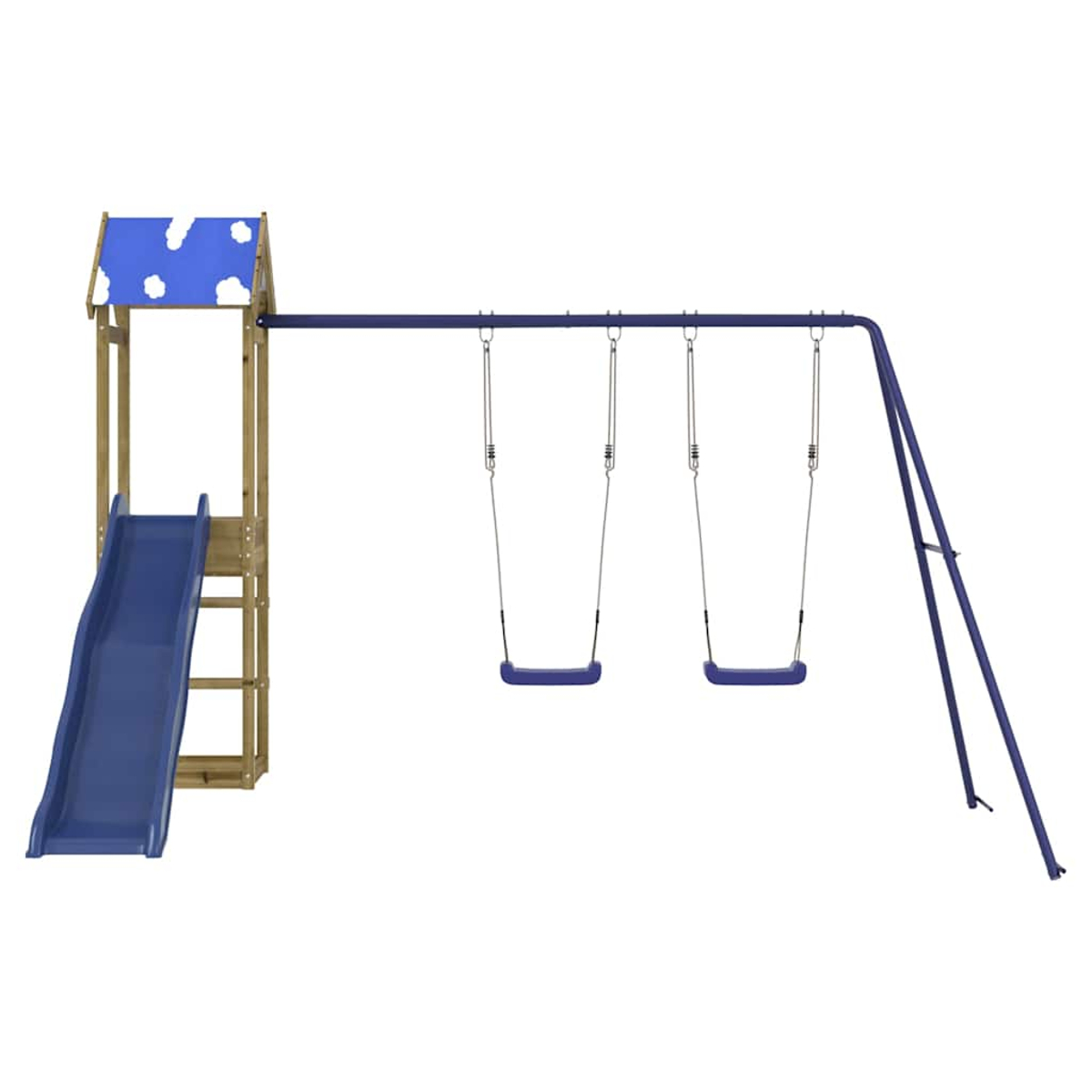Ein Kinderspielplatz mit Rutsche, Schaukeln und einem kleinen Spielhaus mit blauem Dach und Holzstützen.