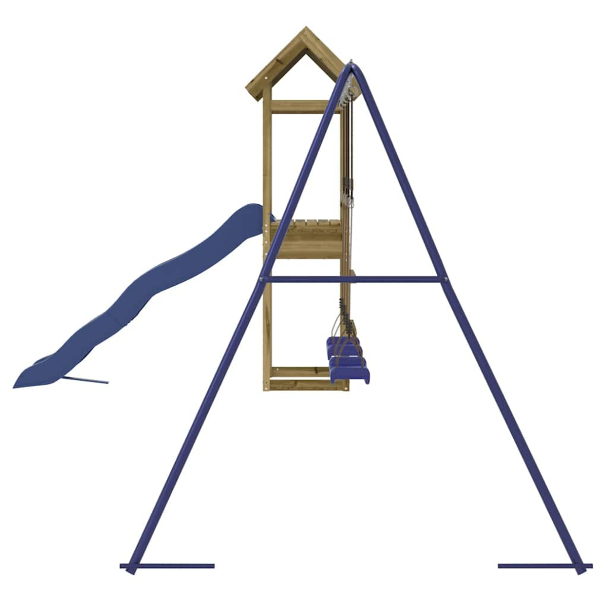 Ein Spielplatz mit Rutsche, Schaukeln und Holzstruktur. Die Rutsche ist blau, der Rahmen lila. Der Hintergrund ist weiß.