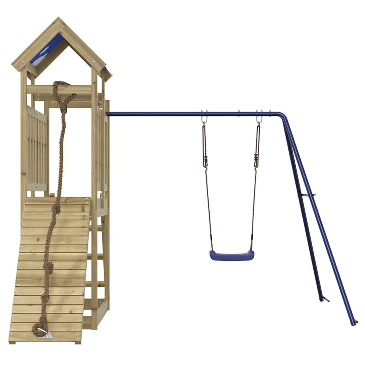 Holzspielplatz mit Rutsche, Seil und Schaukel. Die Schaukel ist blau, das Gestell ist aus Metall und der Spielplatz aus Holz.