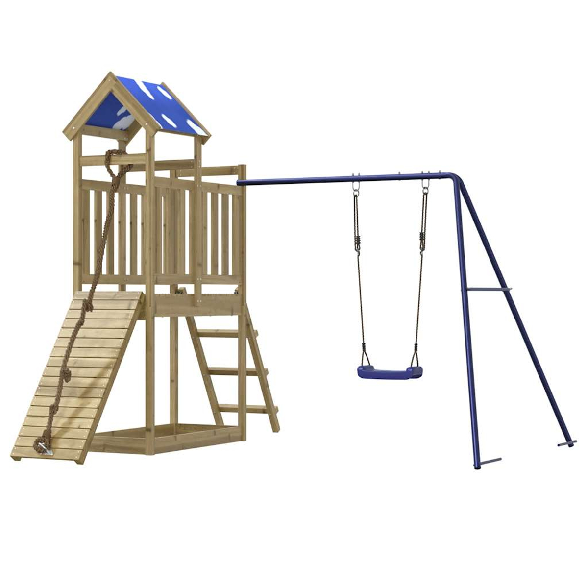 Spielplatz aus Holz mit blauem Dach, Rutsche, Strickleiter und Schaukeln. Das Schaukelgestell ist blau.