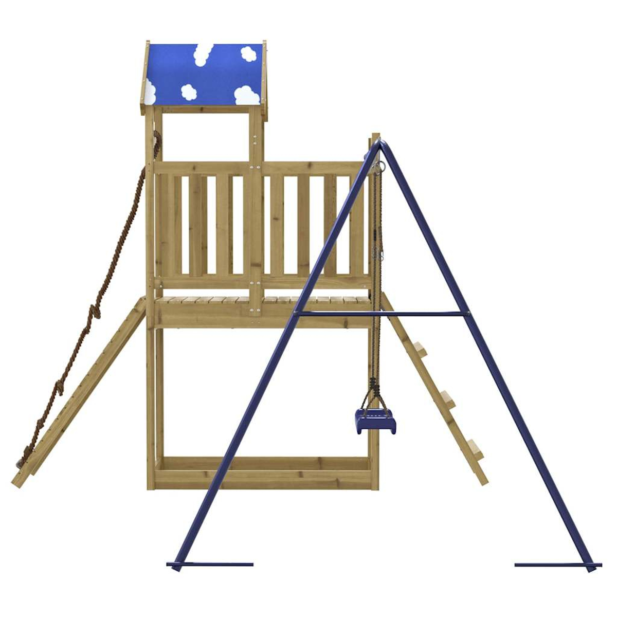 Holzspielplatz mit blauem Dach mit weißen Wolken. Enthält eine Strickleiter, eine Schaukel und eine Leiter. Vor weißem Hintergrund.