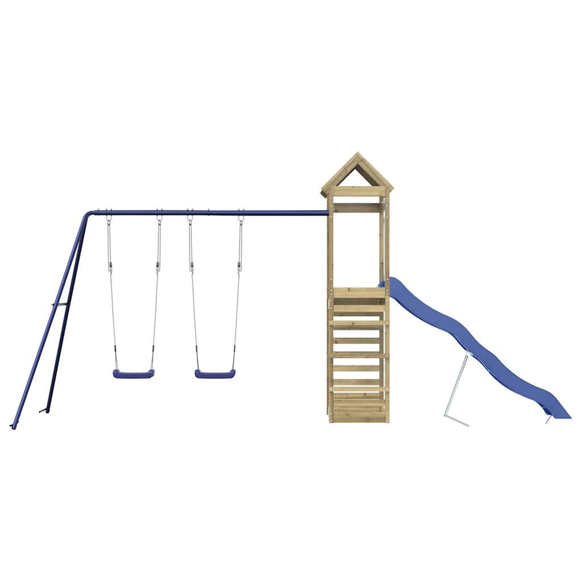 Un parco giochi in legno con altalene e uno scivolo. Le altalene e lo scivolo sono blu. Il parco giochi ha una torre di legno e una scala.