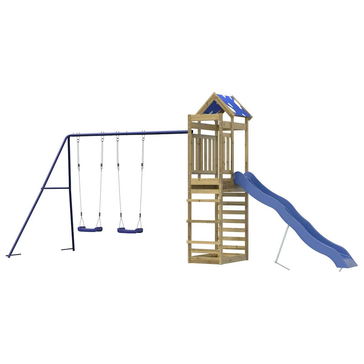 Un parco giochi in legno con scivolo blu, altalene e un piccolo tetto. L'altalena è a sinistra, lo scivolo a destra.