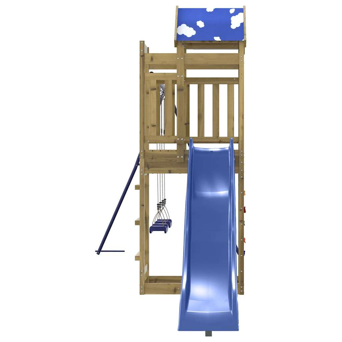 Parco giochi in legno con scivolo blu, altalene e parete da arrampicata. Il tetto ha uno sfondo blu con disegni di nuvole bianche.