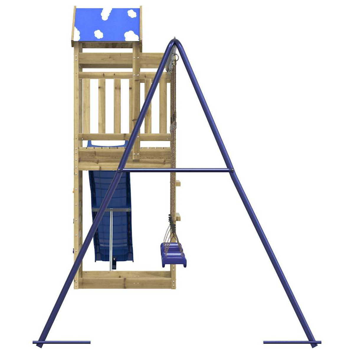 Una casetta di legno con scivolo blu, altalene e tetto blu con nuvole bianche. Struttura altalena in metallo blu.