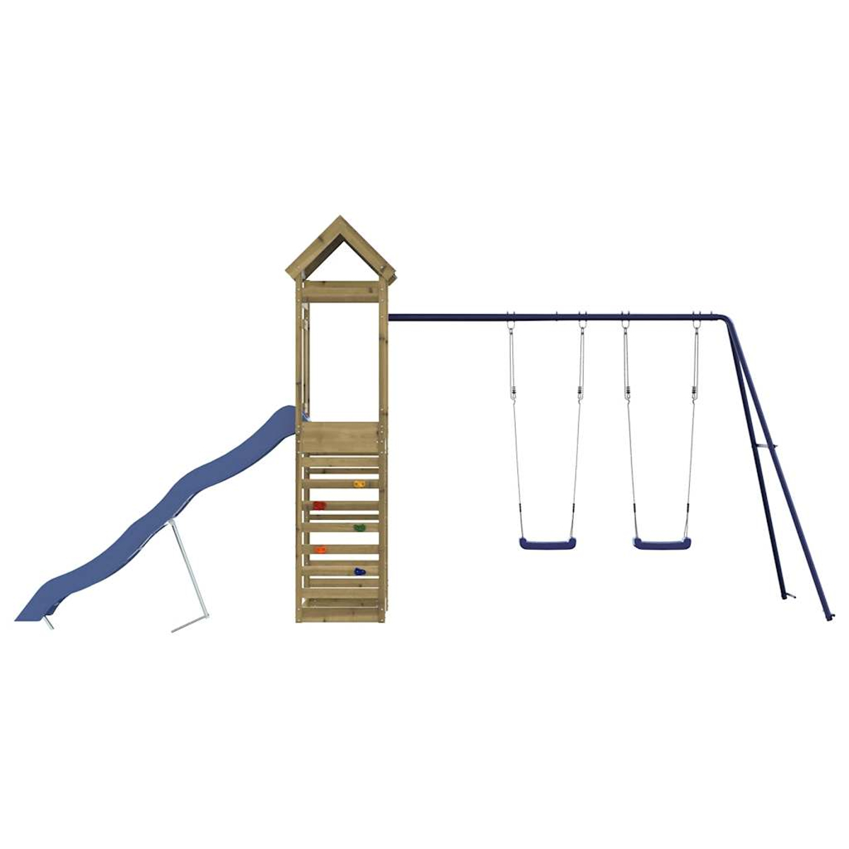 Un parco giochi in legno con uno scivolo blu, una parete da arrampicata e due altalene. Il telaio è blu, il parco è in legno.