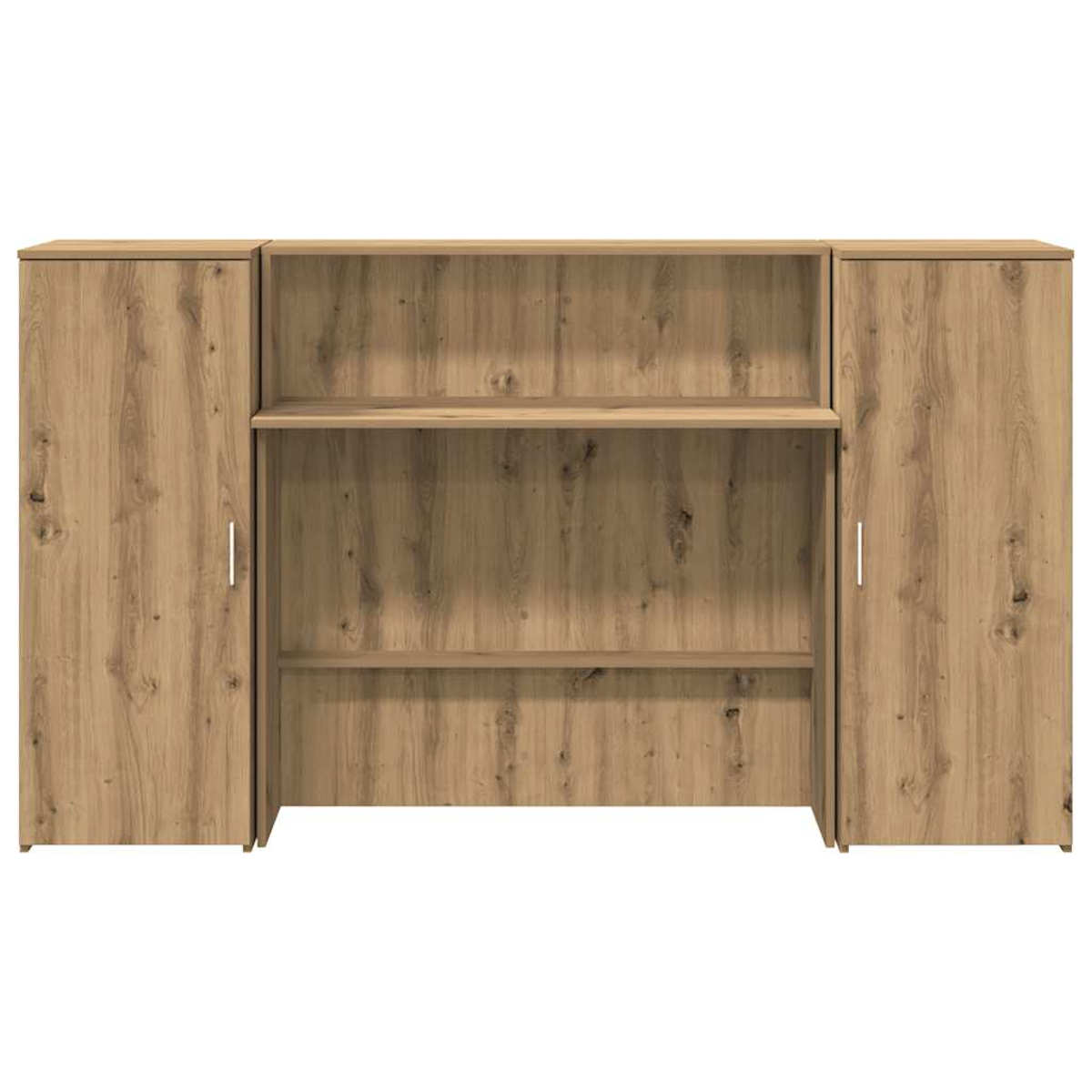 Ein Holzschrank mit zwei Seitentüren und einem offenen zentralen Regal. Das Holz hat eine natürliche Maserung.