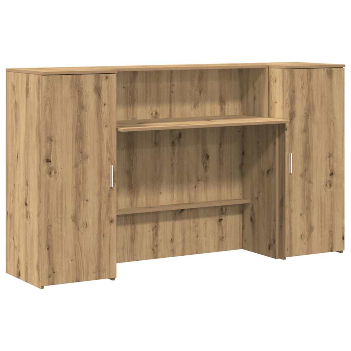 Ein Holzschrank mit zwei Seitenschränken, offenen Regalen in der Mitte und einer hellen Holzmaserung. Der Hintergrund ist weiß.