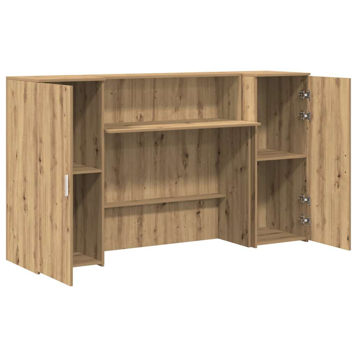 Ein Holzschrank mit offenen Türen. Er hat Regale und einen zentralen offenen Raum, alle mit Holzmaserung. Die Türen sind offen.