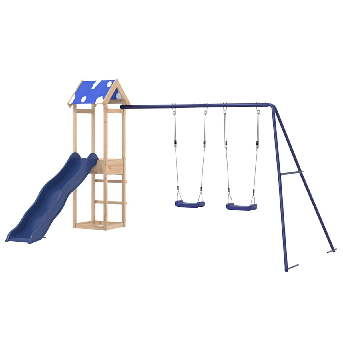 Ein Kinderspielplatz mit Rutsche, Schaukeln und Holzkonstruktion. Rutsche und Schaukeln sind blau, die Konstruktion aus Holz.