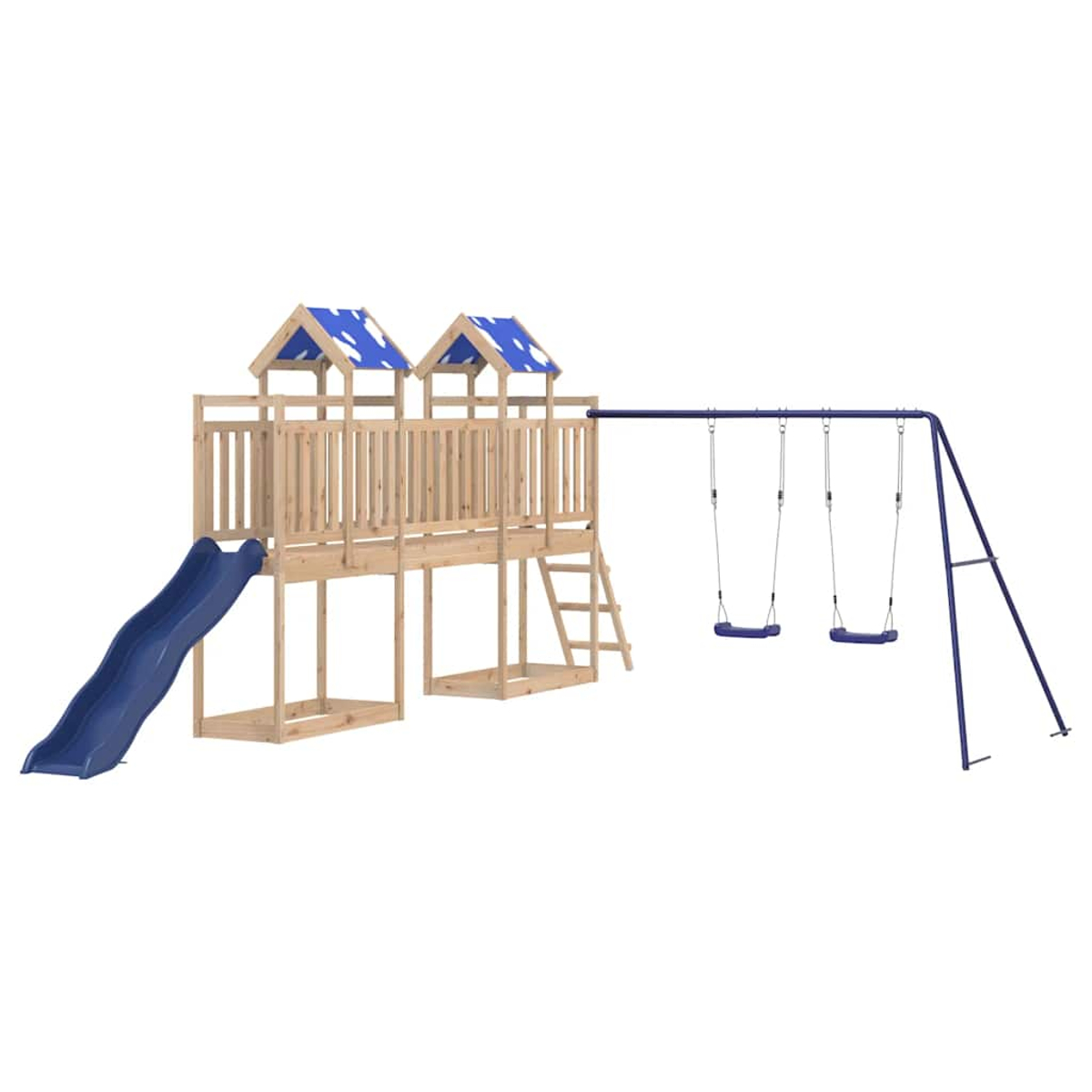 Un parco giochi in legno con uno scivolo blu, due altalene e due piccoli tetti blu e bianchi. La struttura è su sfondo bianco.