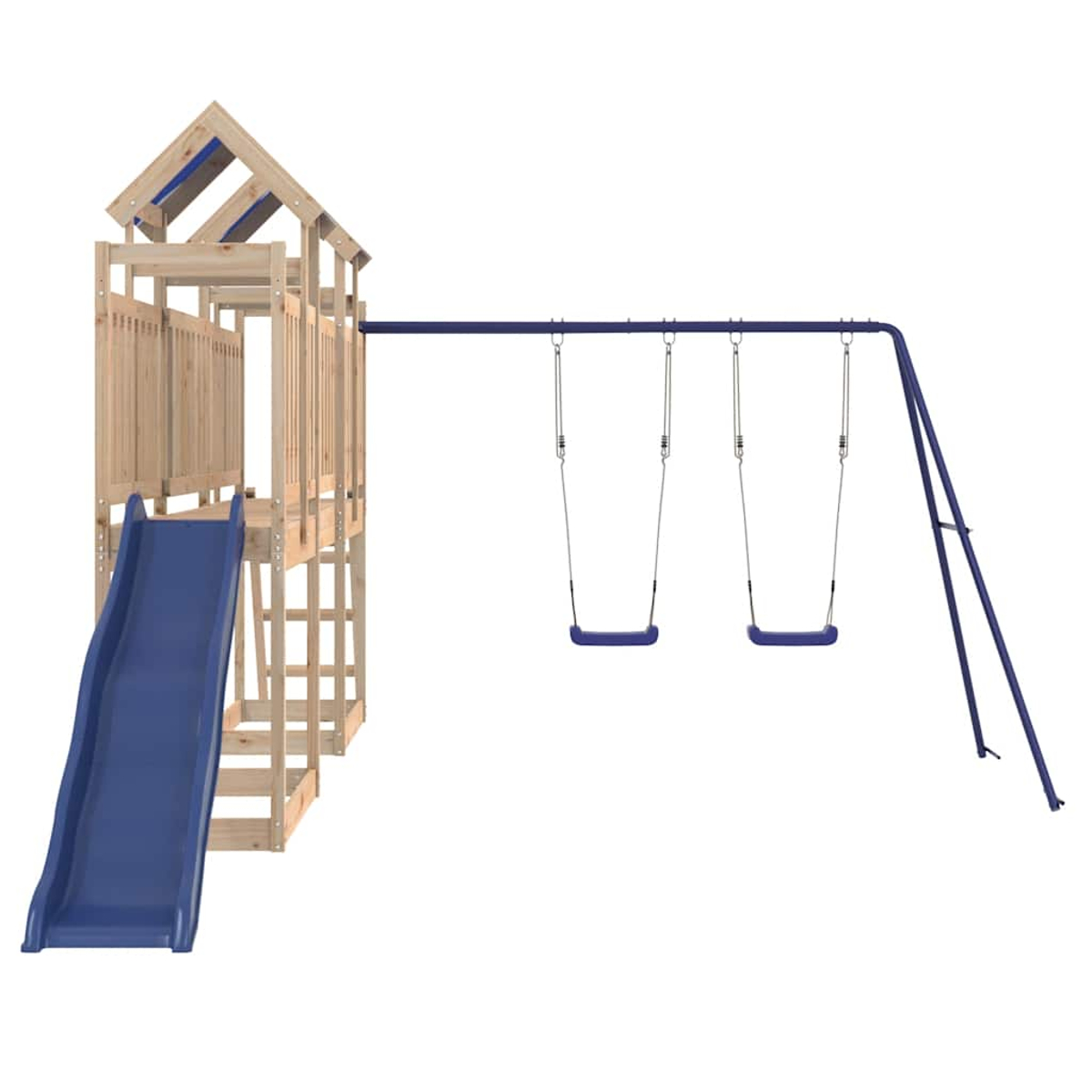 Un parco giochi in legno con scivolo blu, tetto e altalene. Il set altalena è blu. Lo sfondo è bianco.