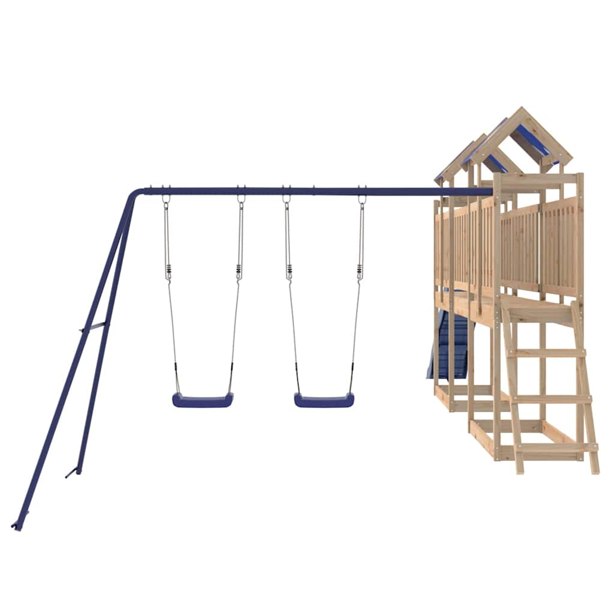 Un parco giochi in legno con altalena e casetta. L'altalena ha due sedili. La casetta ha uno scivolo e una scala.