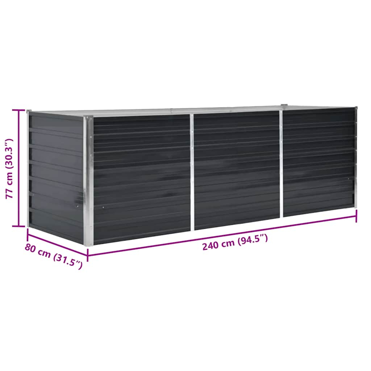 Ein dunkelgrauer Metall-Stauraum mit Abmessungen in Zentimetern und Zoll: 77x80x240 cm.
