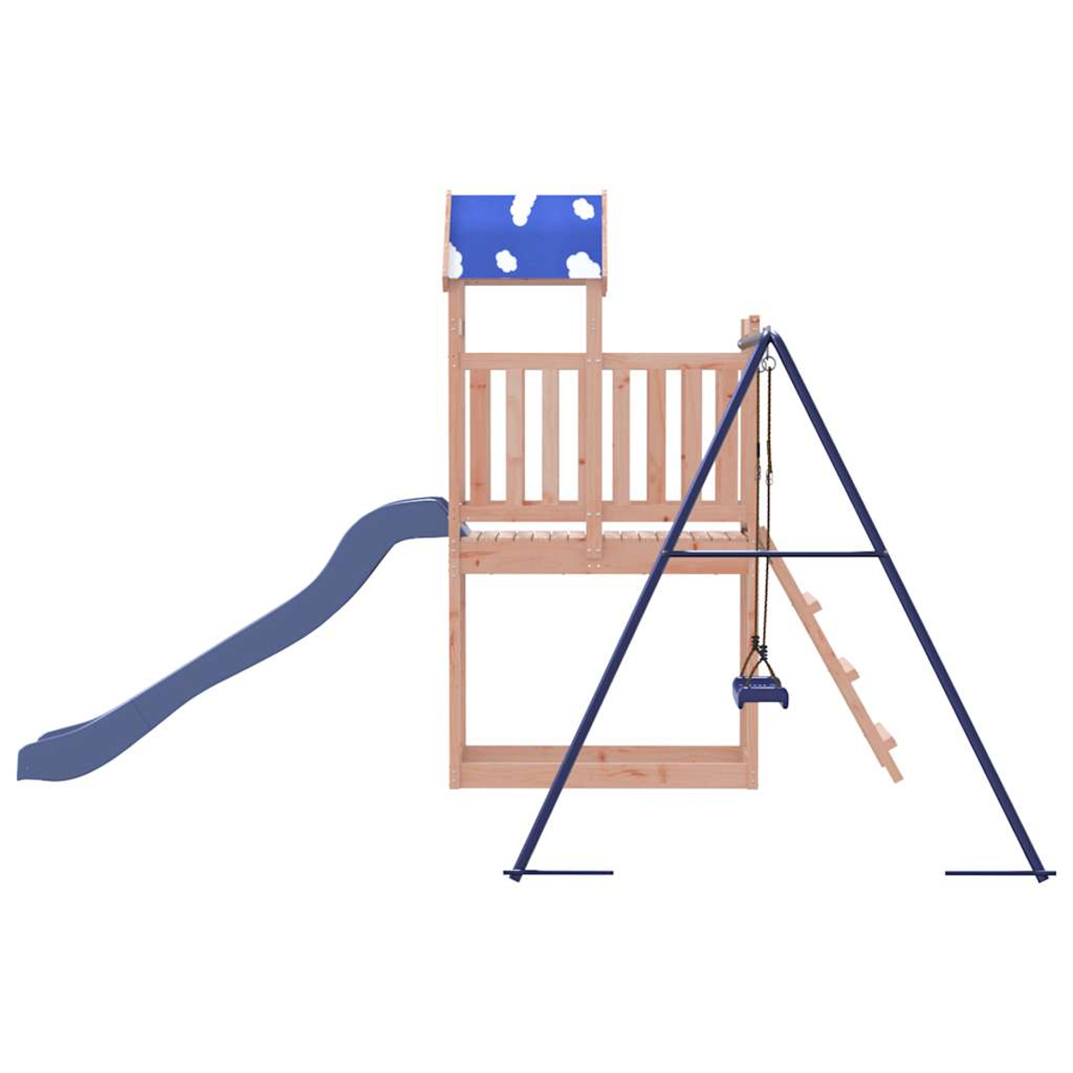 Ein hölzernes Spielset mit einer blauen Rutsche, Schaukel und Leiter. Das Dach ist blau mit weißen Wolkenformen. Der Rahmen ist braun.