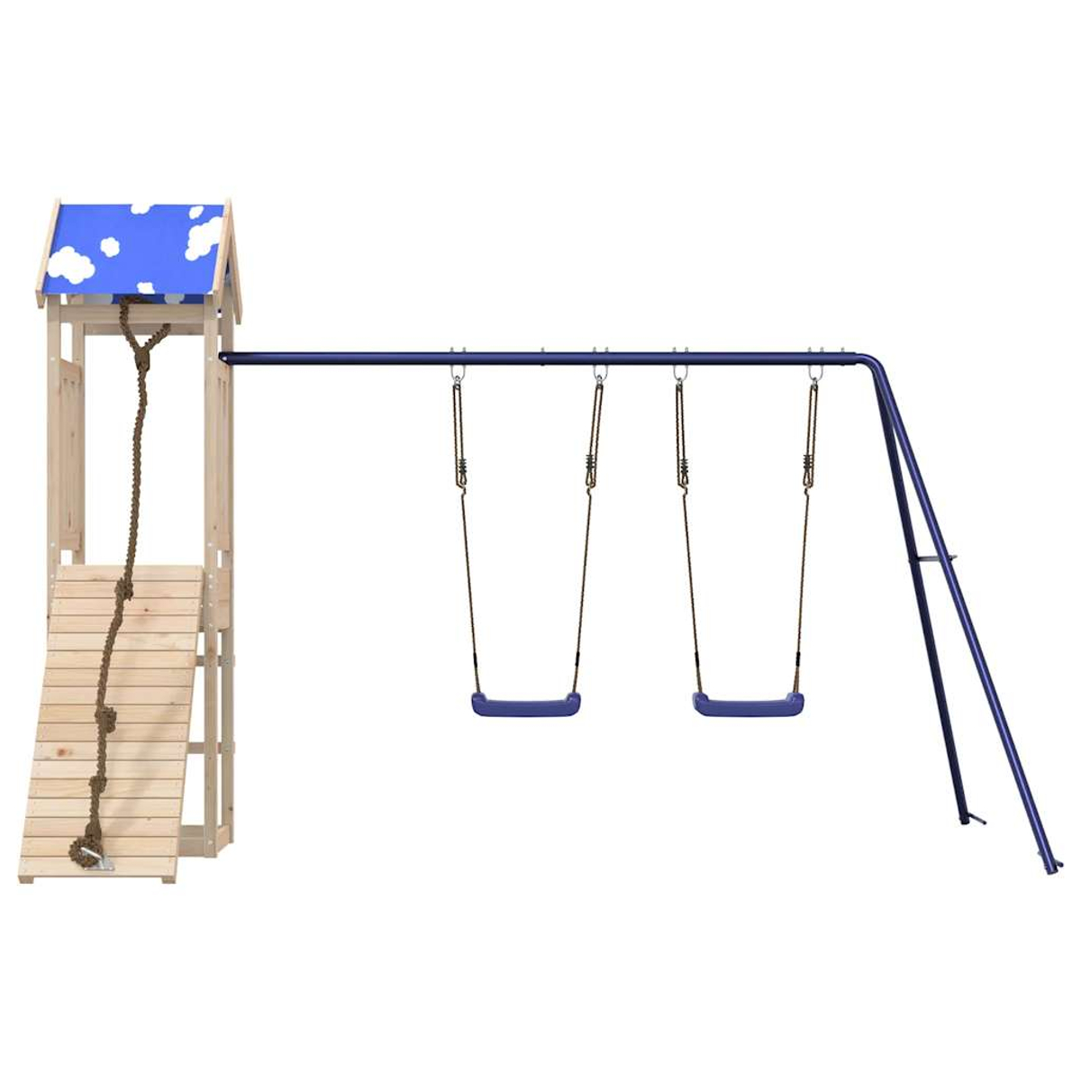 Kinderspielplatz mit Holzkonstruktion, Rutsche, Seil und zwei Schaukeln an einem blauen Rahmen.